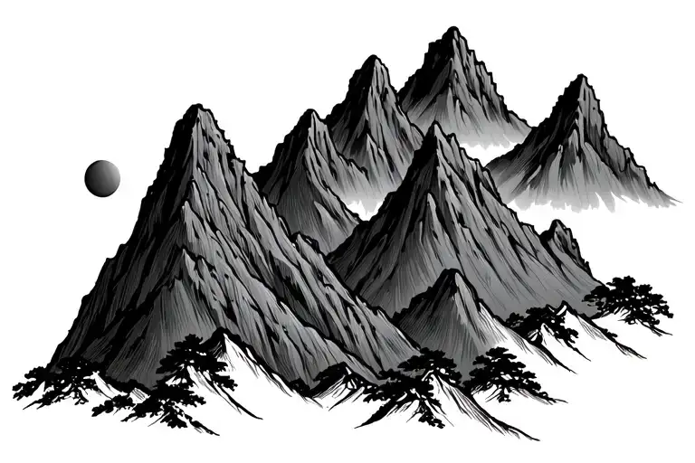 traditional Japanese style line art with five mountain peaks two taller than the other three with a sun tattoo design idea