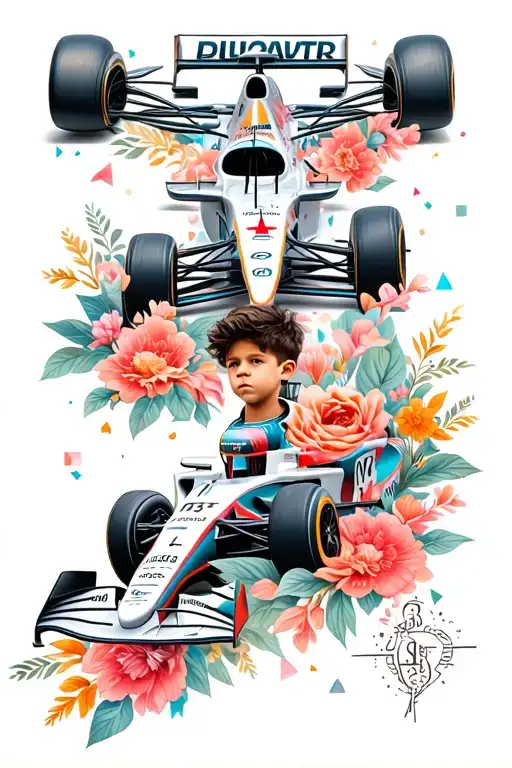 Formula 1 car and a dreamy scene of a boy surrounded by lots of cars, floral patterns, and geometric patern  tattoo design idea