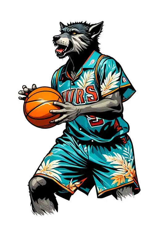 werewolf in Hawaiian shirt slam dunking basketball tattoo design idea