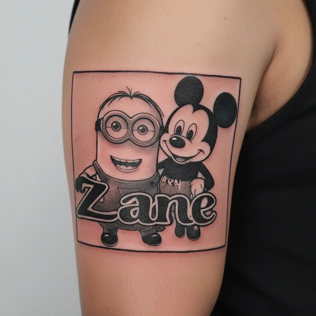 My daughter's name "Zane" with minion and micky mouse background tattoo design idea