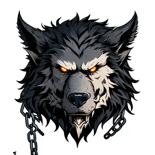 The head of fenrir from norse mythology chained in black and grey realism with ominous glowing eyes tattoo design idea