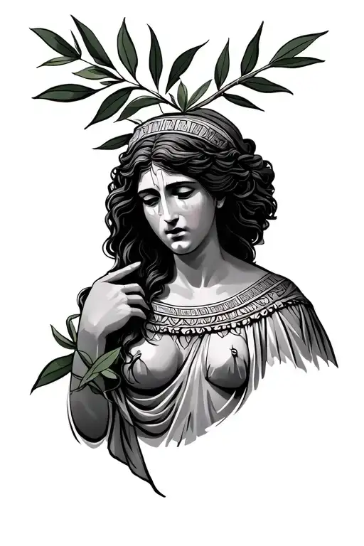 ellos greek goddess crying full body standing with olive branch clothed tattoo design idea