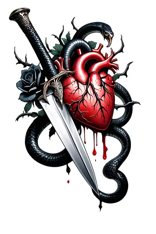 A dagger piercing a realistic bleeding human heart ensnared by black roses with thorns. Add a black mamba coiled around  tattoo design idea