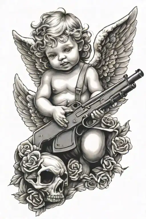 baby angel with a shotgun tattoo design idea