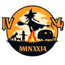 "IV V MMXIV" silhouette of busty sexy witch bride on broomstick over a campsite with a trailer and campfire with children & dog tattoo design idea