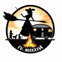 "IV V MMXIV" silhouette of busty sexy witch bride on broomstick over a campsite with a trailer and campfire with children & dog tattoo design idea