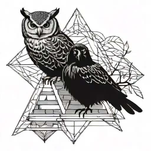 owl and crow sitting on pyramid tattoo design idea
