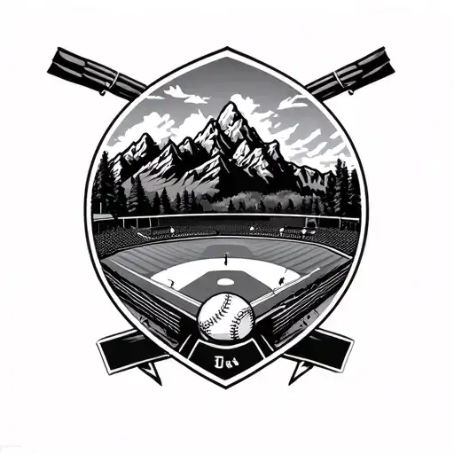 landscape mountain range with river flowing in it in the background of a baseball field with a game going on tattoo design idea