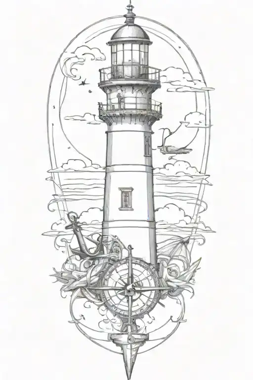 lighthouse surrounded by a compass and anchor with rope tattoo design idea