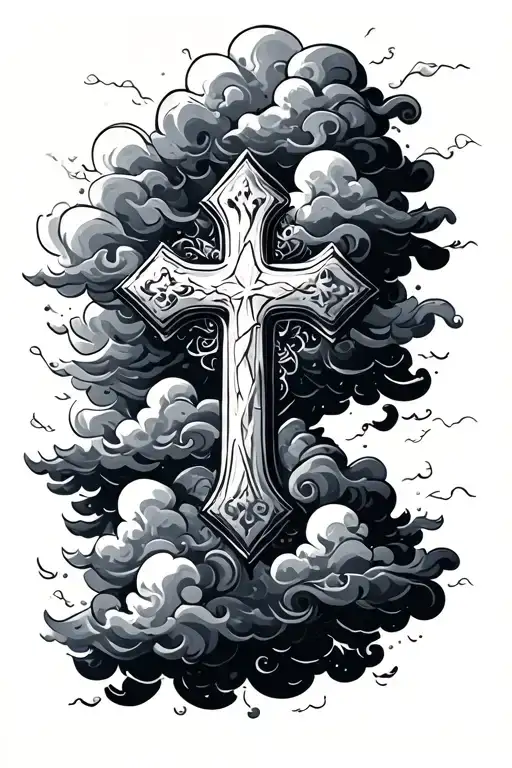 faded clouds with cross rustic tattoo design idea
