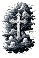 faded clouds with cross rustic tattoo design idea