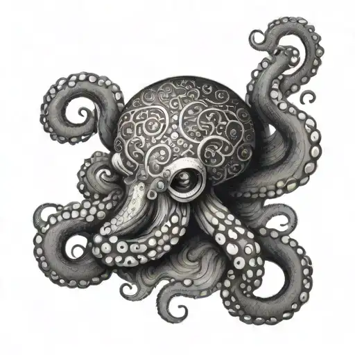 A tatto design of an octopus inspired by bird mythology and Viking runes, octopus holding a jellyfish that has a heart.  tattoo design idea