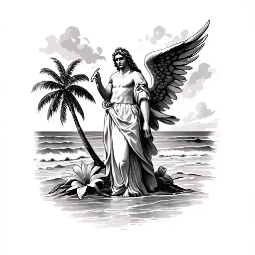 st Michael, Lilly, palm trees on a beach scene tattoo design idea