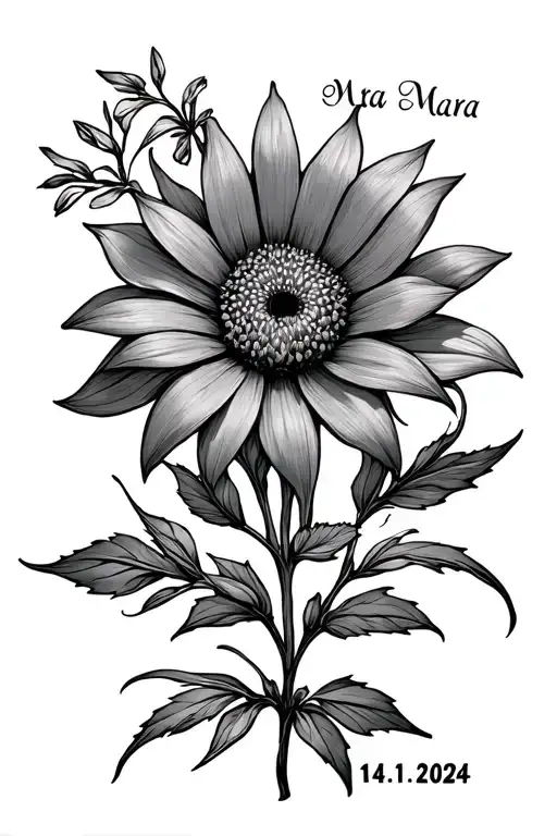 fine line flower with in the steel the name Mara and date 14.11.2024 tattoo design idea