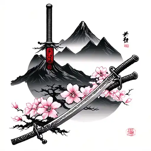 Japanes katana sakura samurai mountains minimal forearm tattii tattoo design idea