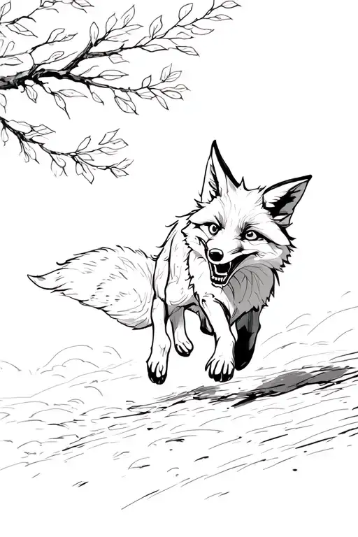 a fox running to the right with a dangerous grin surrounded by long, leafy tree branches tattoo design idea