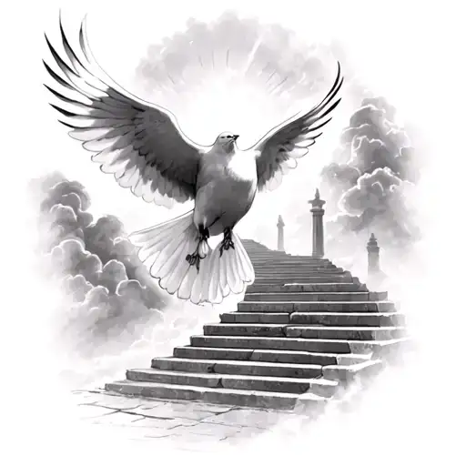 I want a dove flying on top of the arm by the shoulder then I want heavens gates faded in underneath with about 8 stairs tattoo design idea