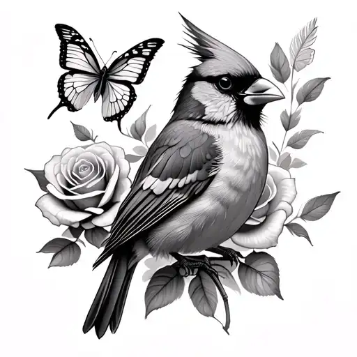 cardinal bird perched butterflies flying roses, feathers  tattoo design idea
