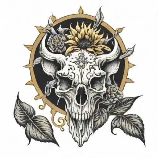 hog skull sunflowers with diamonds gold bars scale smoke tattoo design idea