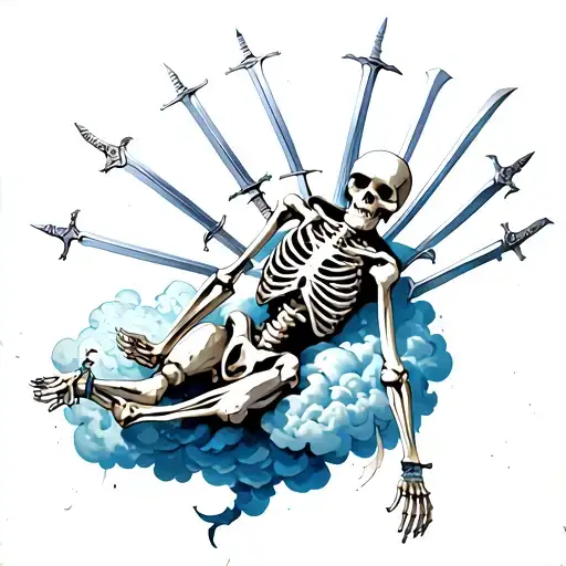 The skeleton is lying on a cloud and he has 10 swords in his back tattoo design idea