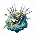 The skeleton is lying on a cloud and he has 10 swords in his back tattoo design idea