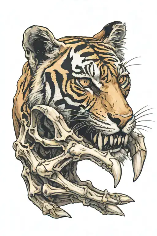 A human skeletal hand holding a tiger skull tattoo design idea