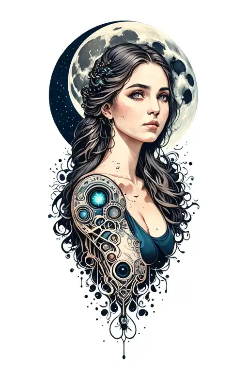 full moon with female portrait below tattoo design idea