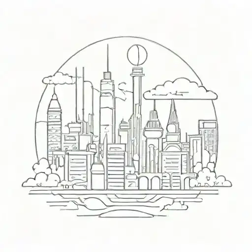 A futuristic cityscape with elements of the past and present mixed in tattoo design idea