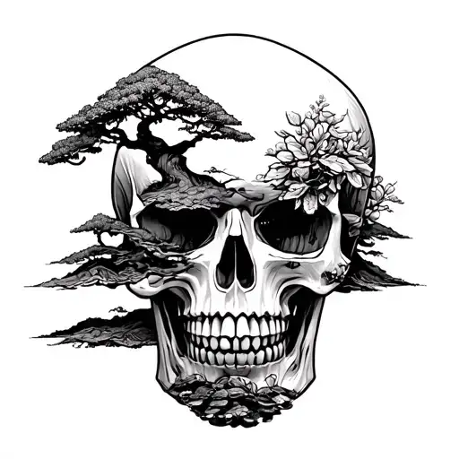 bonsai growing out of skull tattoo design idea