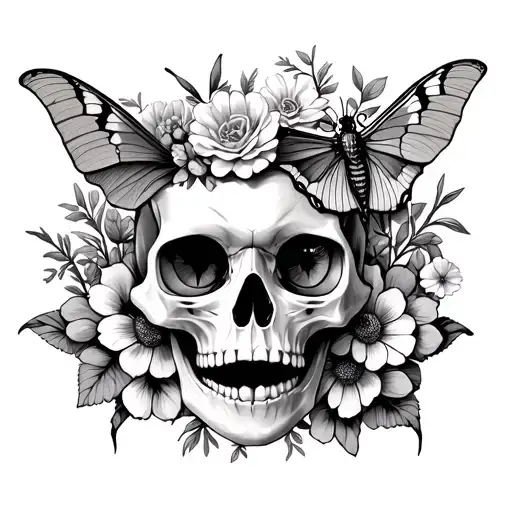 cat skull surrounded by flowers and a luna moth and death moth tattoo design idea