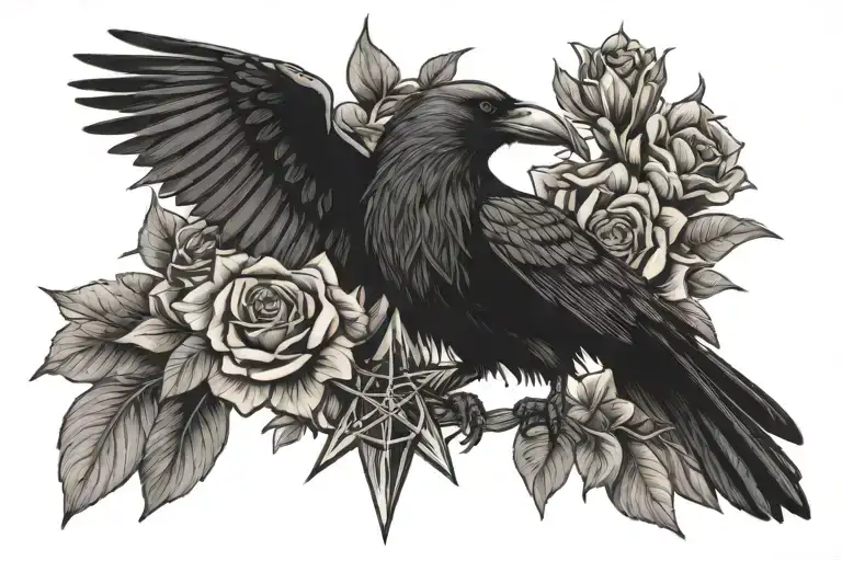 flowers crow and pentagram  tattoo design idea