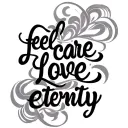 text that says "feel, care, love, eternity" surrounded by indescribable swirls that dance along the text tattoo design idea