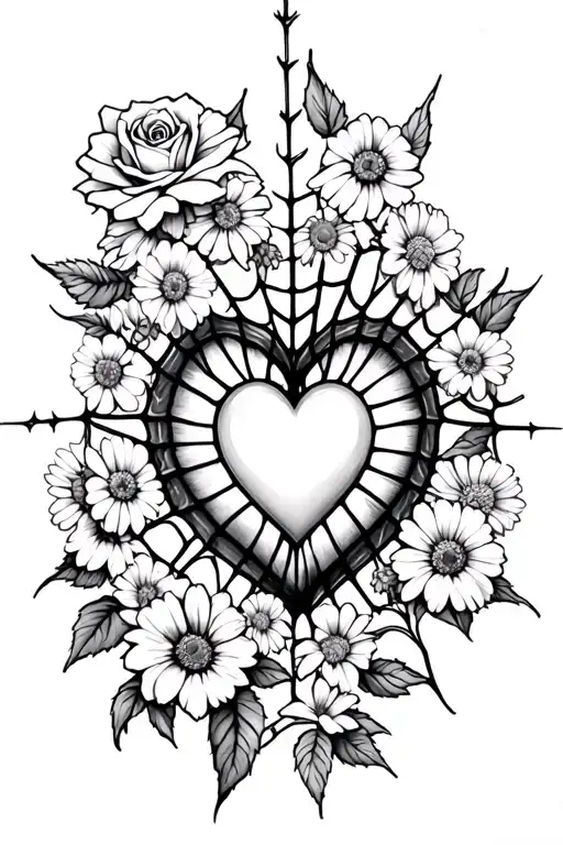 heart spider web with a heart in the middle and aspider,honeysuckle,roses,daisies  tattoo design idea