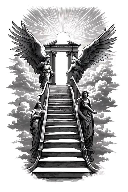 stairway to heaven walking up stairs angels sun rays clouds heaven gate at the top of the stairs  tattoo design idea