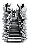 stairway to heaven walking up stairs angels sun rays clouds heaven gate at the top of the stairs  tattoo design idea