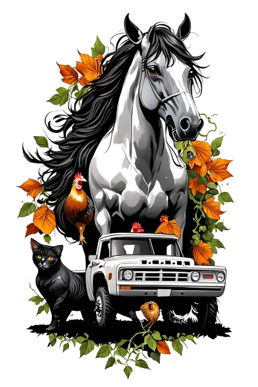 horse, cat, chicken, mater truck, spirit horse connected by a vine tattoo design idea