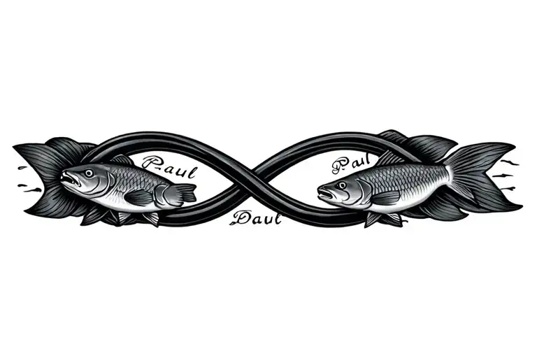infinity symbol with the name paul and a catfish swimming tattoo design idea