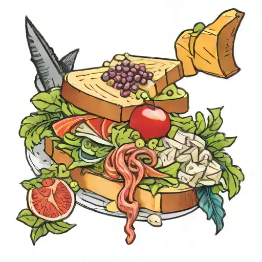 Create an image: Tattoo Concept: Tuna Salad Sandwich Composition: A realistic depiction of a tuna salad sandwich. Detail tattoo design idea