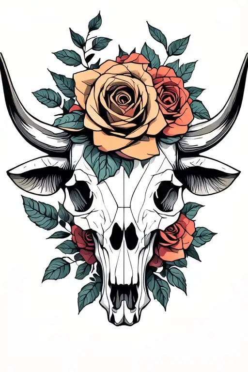 Highland Cow skull with roses tattoo design idea