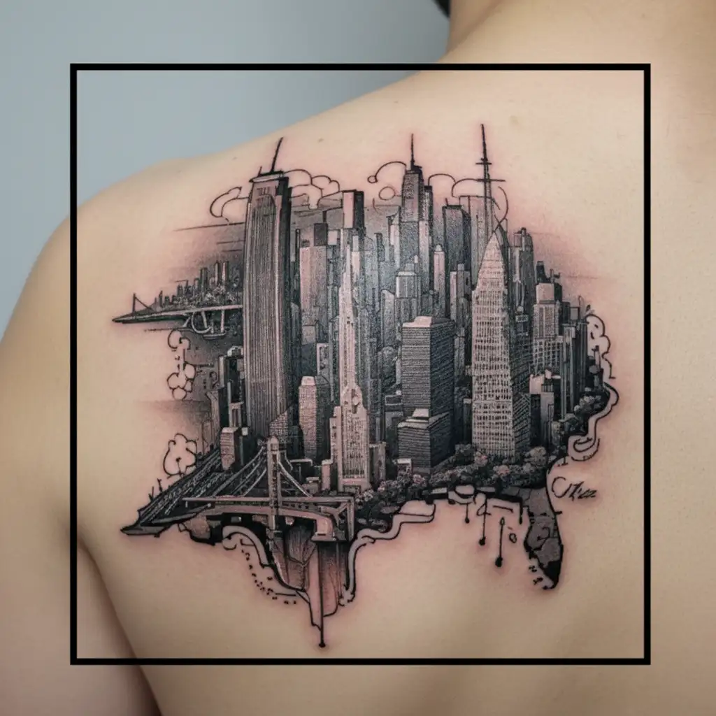 Indiana to NYC skyline tattoo design idea