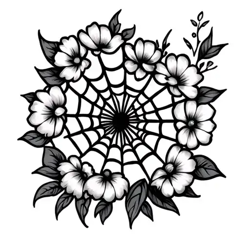 spider web and flowers tattoo design idea