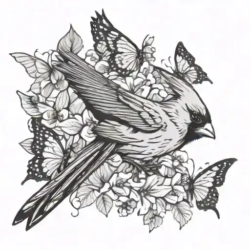 cardinal and butterflies flying tattoo design idea
