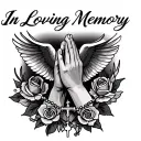 "In Loving Memory" "In Loving Memory" "In Loving Memory" Praying Hands, Rosary, Dove, Black and Gray, Realism tattoo design idea
