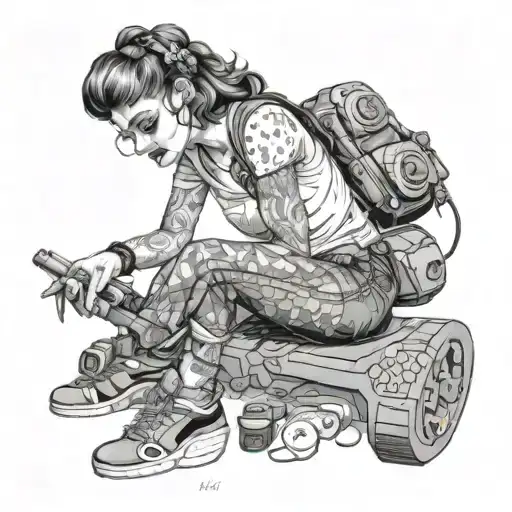 pin-up gamer girl sitting with him tattoo design idea