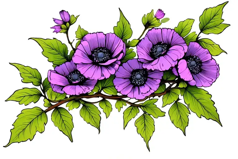 A vine of small poppies blooming, with long leaves and purple leaves, under the collar bone tattoo design idea