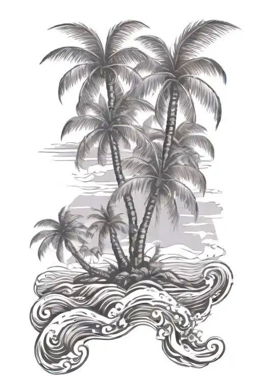 carribean map with palm trees and waves for shoulder tattoo design idea