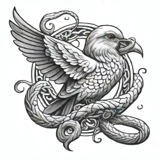 dove bird and hearts and snakes intertwined tattoo design idea