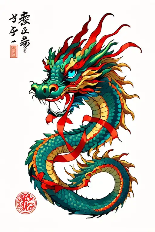 Chinese dragon with lucky red ribbon intertwined with Turkish blue eye tattoo design idea