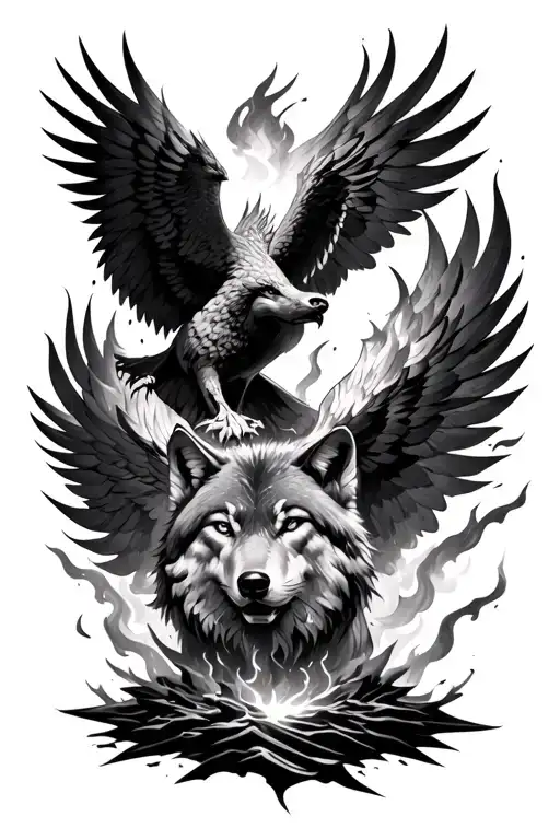 redemption with lone wolf and phoenix rising from the ashes tattoo design idea