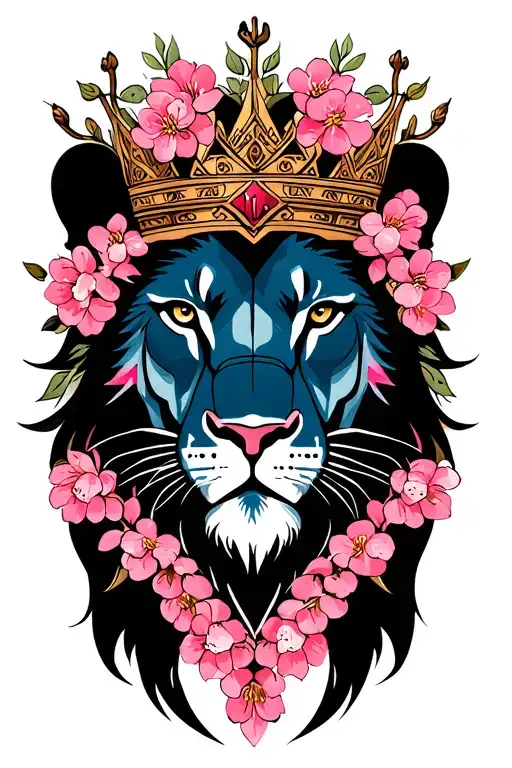 CROWNED LION HEAD WITH CHERRY BLOSSOM tattoo design idea